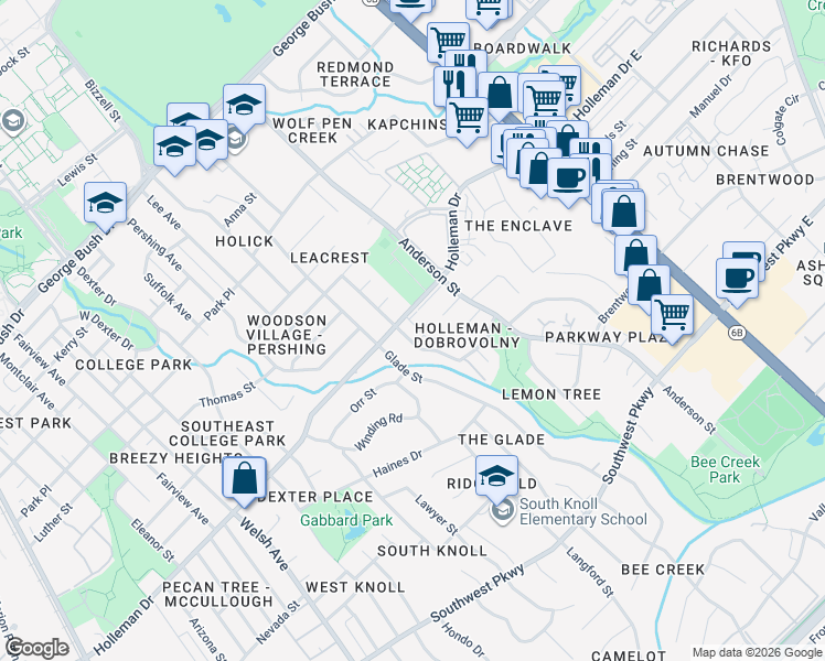 map of restaurants, bars, coffee shops, grocery stores, and more near 1105 Holik Drive in College Station