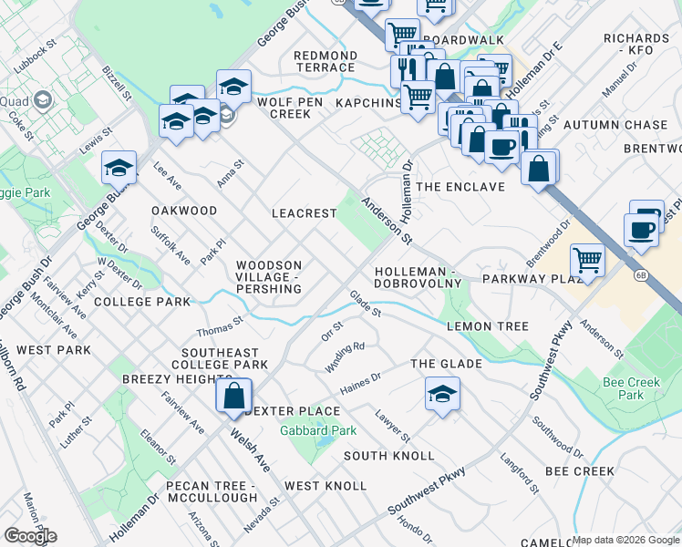 map of restaurants, bars, coffee shops, grocery stores, and more near 1206 Holleman Drive in College Station