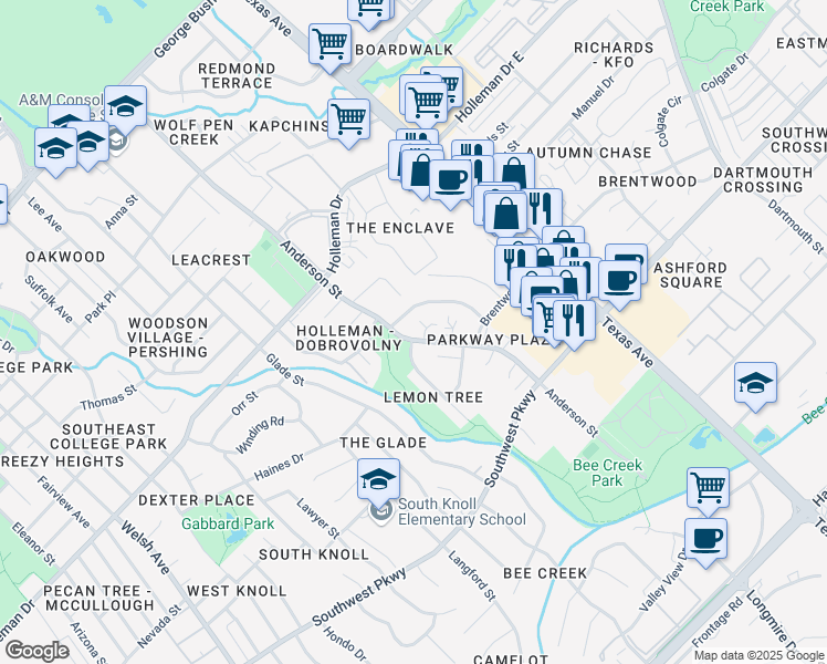 map of restaurants, bars, coffee shops, grocery stores, and more near 1501 Alpine Circle in College Station