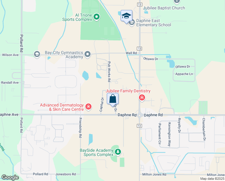 map of restaurants, bars, coffee shops, grocery stores, and more near Pub Works Road in Daphne