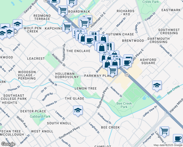map of restaurants, bars, coffee shops, grocery stores, and more near 1520 Pine Ridge Drive in College Station