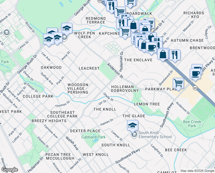 map of restaurants, bars, coffee shops, grocery stores, and more near Wellborn Road in College Station