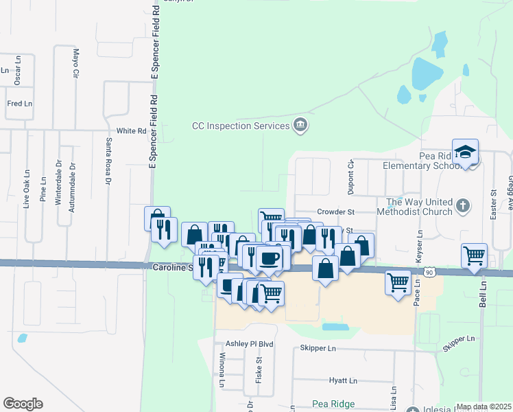map of restaurants, bars, coffee shops, grocery stores, and more near 4684 Boone Road in Pace