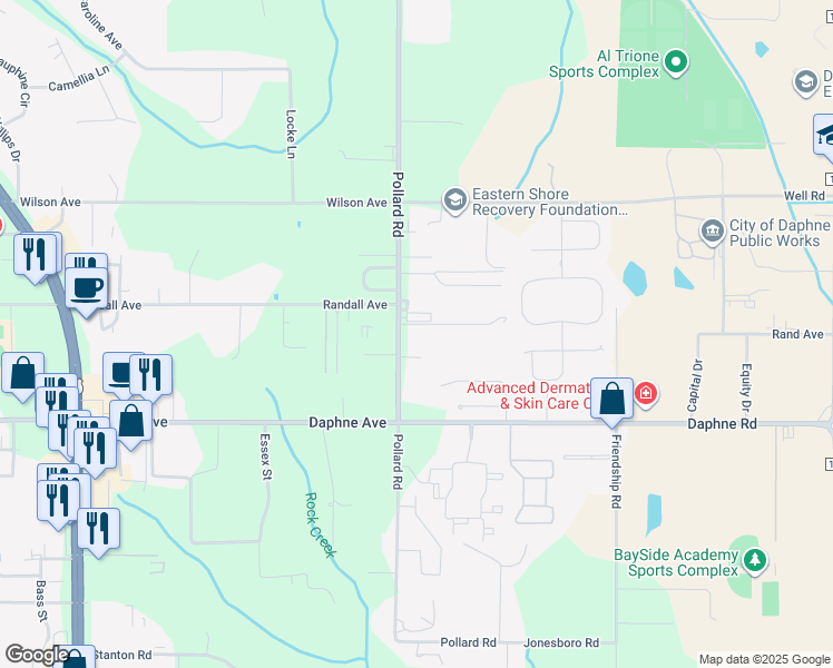 map of restaurants, bars, coffee shops, grocery stores, and more near 26258 Pollard Road in Daphne