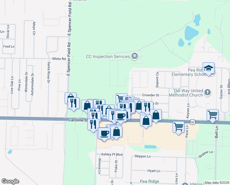 map of restaurants, bars, coffee shops, grocery stores, and more near 4686 Boone Road in Pace