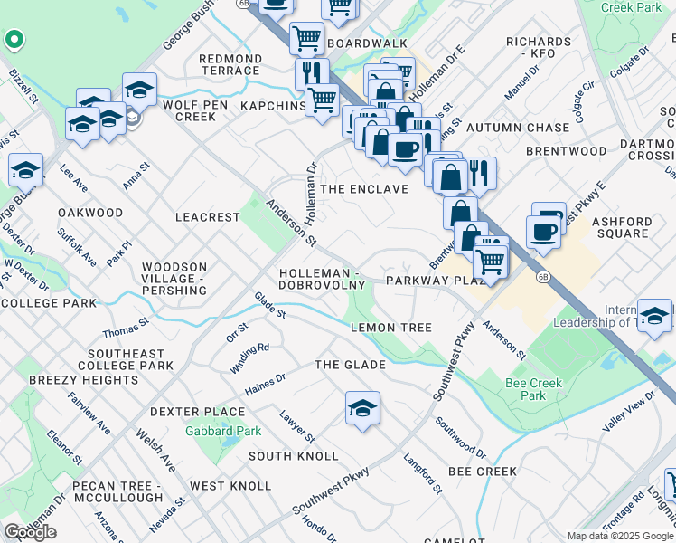 map of restaurants, bars, coffee shops, grocery stores, and more near 1417 Holik Drive in College Station