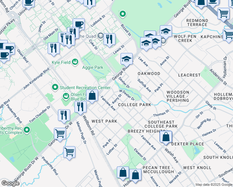 map of restaurants, bars, coffee shops, grocery stores, and more near 600 Old Jersey Street in College Station