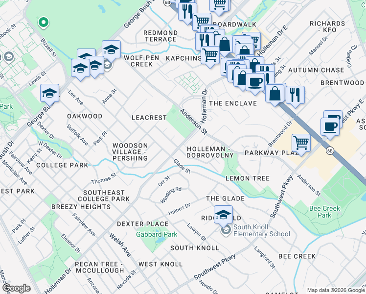 map of restaurants, bars, coffee shops, grocery stores, and more near 1407 Holleman Drive in College Station