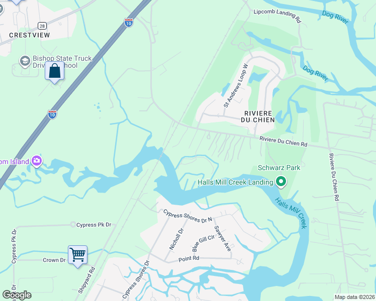 map of restaurants, bars, coffee shops, grocery stores, and more near 3847 Riviere Du Chien Road in Mobile