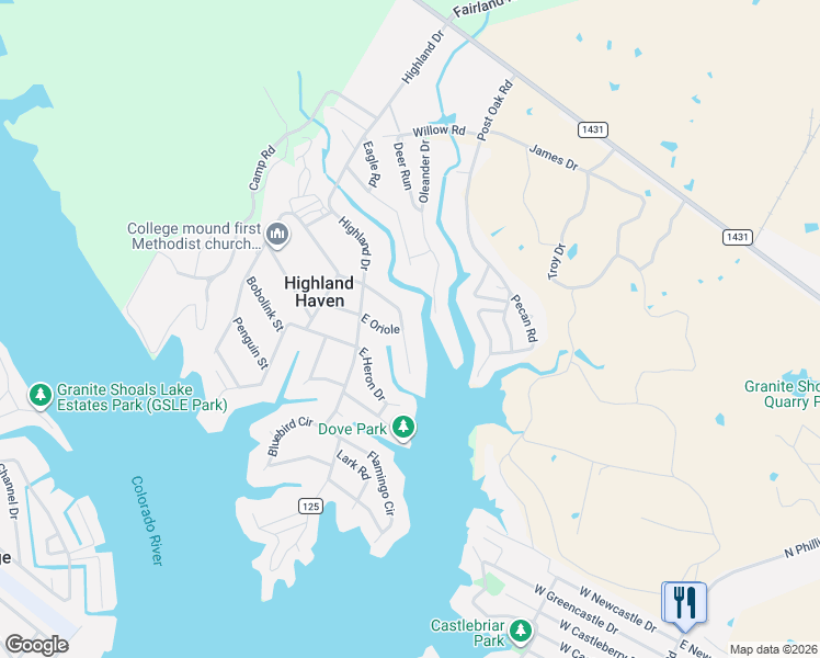 map of restaurants, bars, coffee shops, grocery stores, and more near 202 East Pheasant Drive in Marble Falls