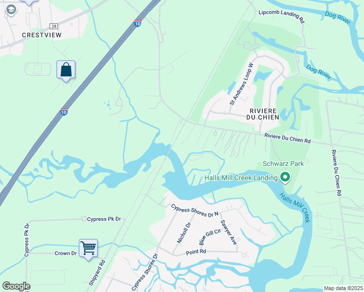 map of restaurants, bars, coffee shops, grocery stores, and more near 3869 Riviere Du Chien Road in Mobile