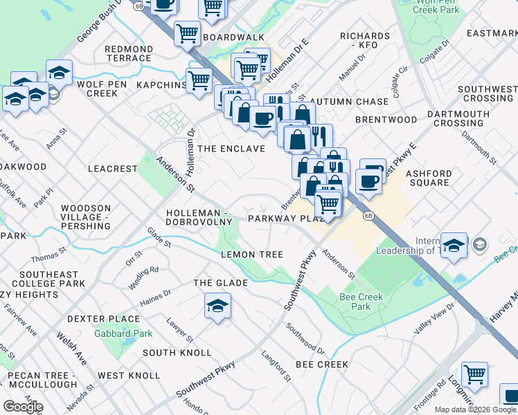 map of restaurants, bars, coffee shops, grocery stores, and more near 1520 Pine Ridge Drive in College Station