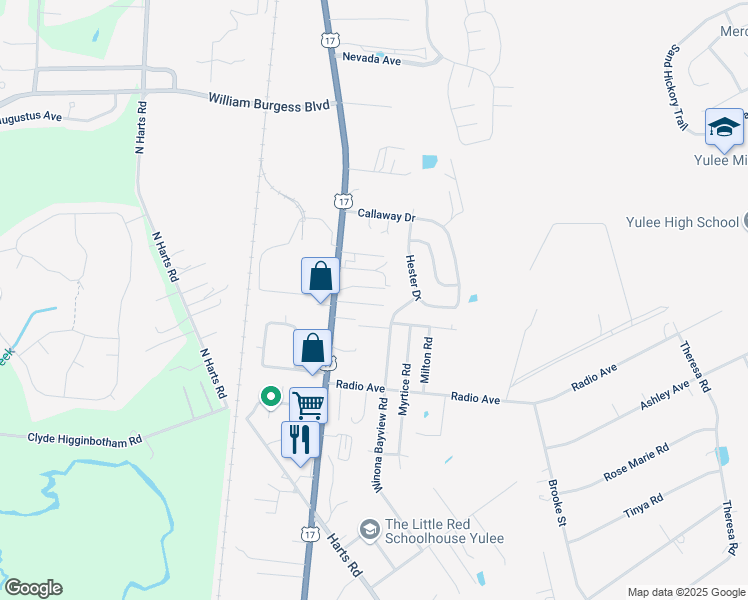 map of restaurants, bars, coffee shops, grocery stores, and more near 36 Kyle Frasier Road in Yulee