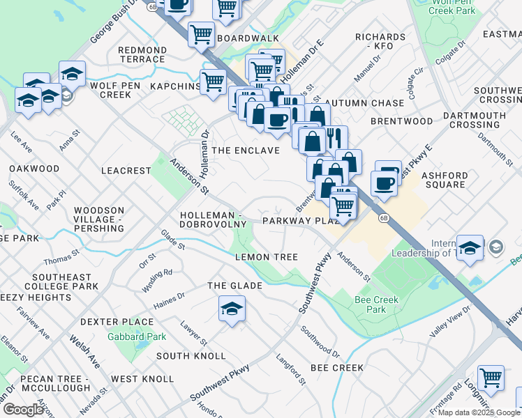 map of restaurants, bars, coffee shops, grocery stores, and more near 1508 Pine Ridge Drive in College Station