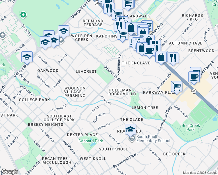 map of restaurants, bars, coffee shops, grocery stores, and more near 1407 Holleman Drive in College Station