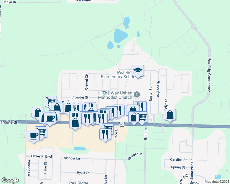 map of restaurants, bars, coffee shops, grocery stores, and more near 4701 Keyser Lane in Pace