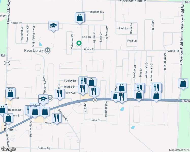 map of restaurants, bars, coffee shops, grocery stores, and more near 4699 Andora Road in Pace