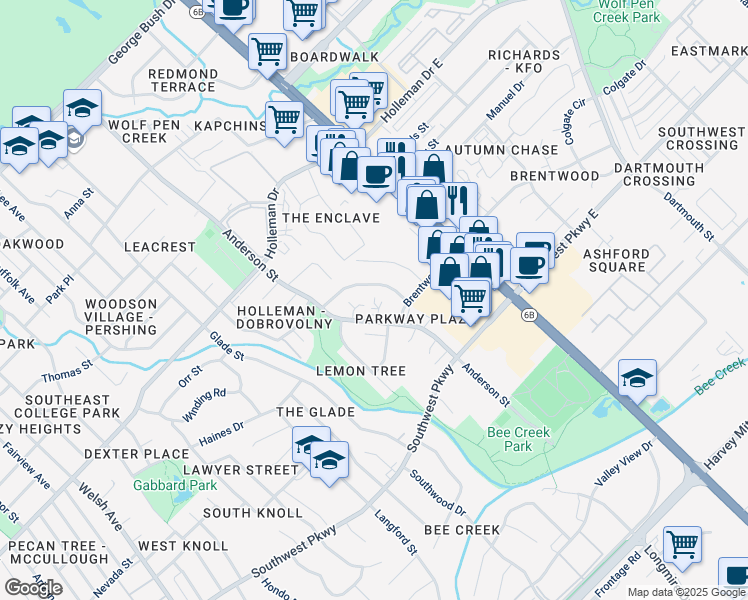 map of restaurants, bars, coffee shops, grocery stores, and more near 1520 Pine Ridge Drive in College Station