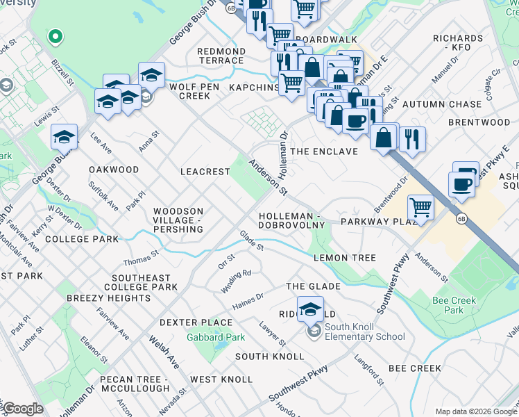 map of restaurants, bars, coffee shops, grocery stores, and more near 1407 Holleman Drive in College Station