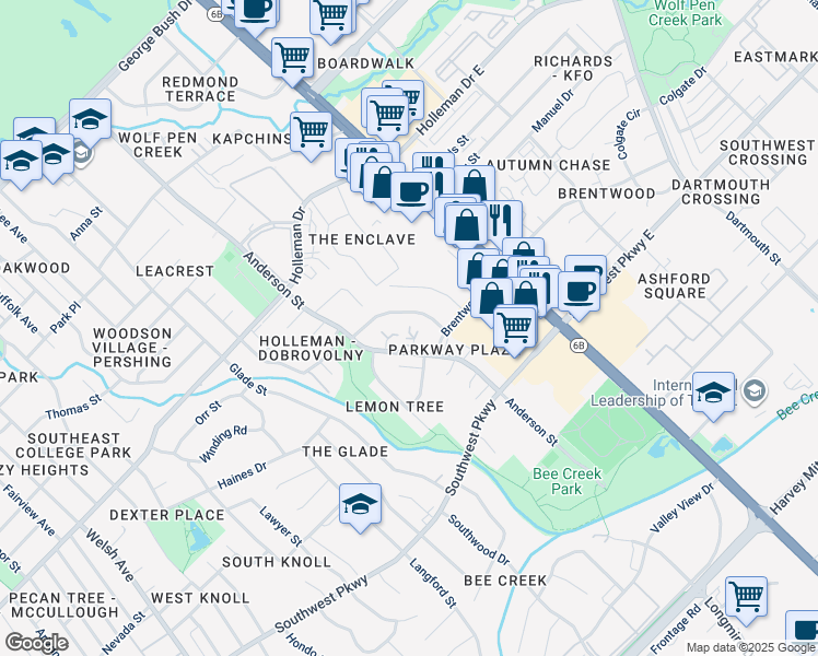 map of restaurants, bars, coffee shops, grocery stores, and more near 1507 Oakdale in College Station
