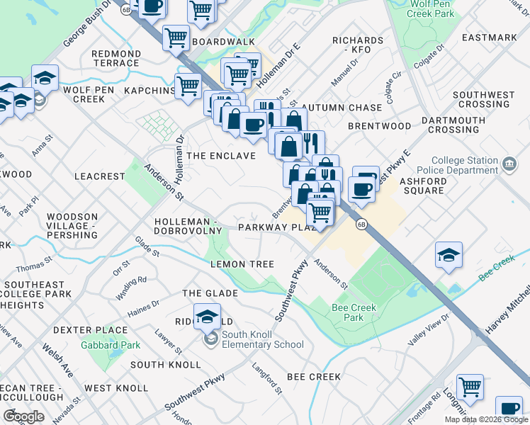 map of restaurants, bars, coffee shops, grocery stores, and more near 1520 Pine Ridge Drive in College Station