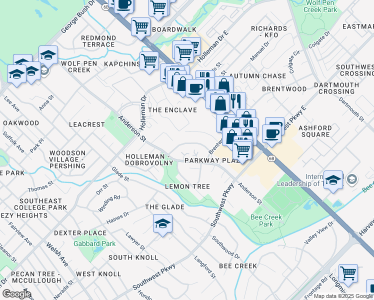 map of restaurants, bars, coffee shops, grocery stores, and more near 1520 Pine Ridge Drive in College Station
