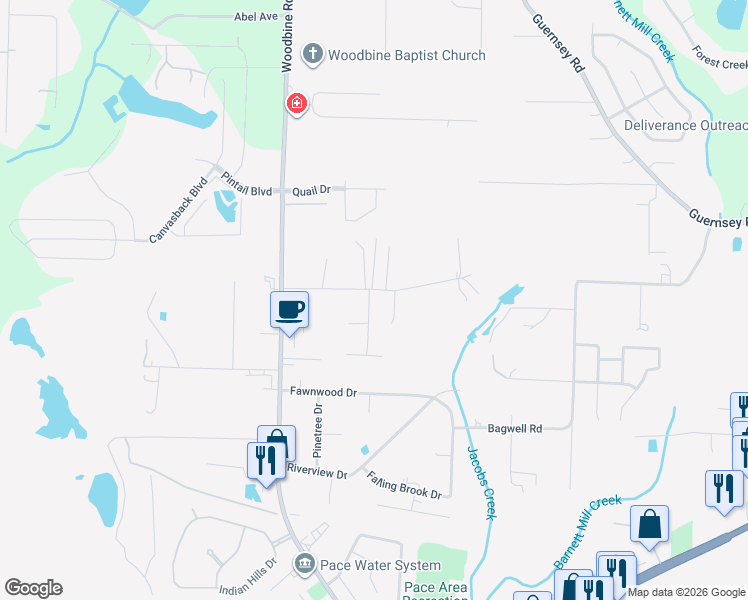 map of restaurants, bars, coffee shops, grocery stores, and more near 4628 Garllum Road in Pace