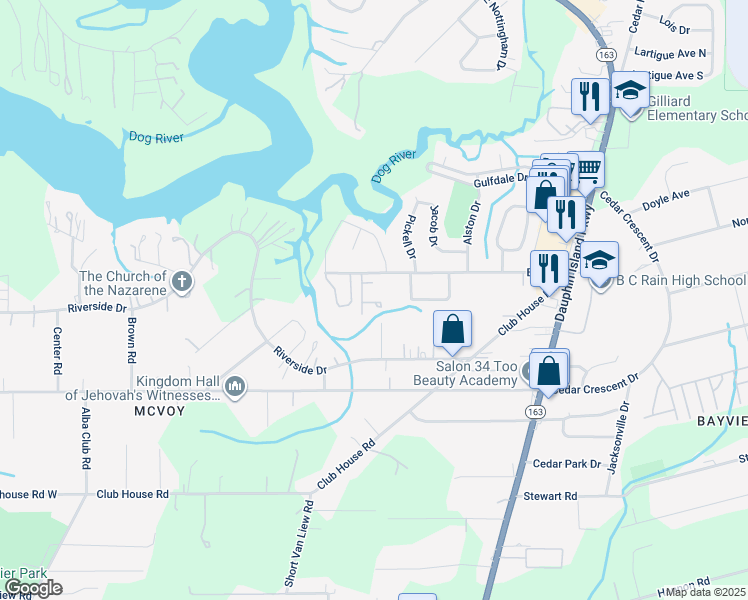 map of restaurants, bars, coffee shops, grocery stores, and more near 1957 Brill Road in Mobile