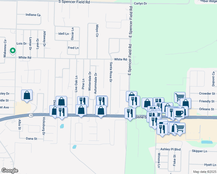 map of restaurants, bars, coffee shops, grocery stores, and more near 4695 Santa Rosa Drive in Pace