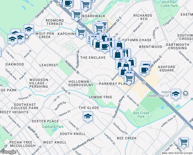 map of restaurants, bars, coffee shops, grocery stores, and more near 1508 Pine Ridge Drive in College Station