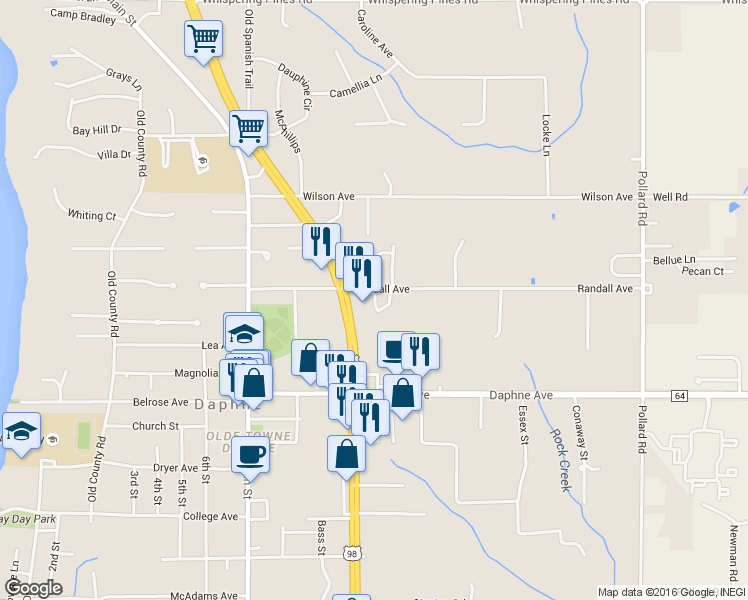 map of restaurants, bars, coffee shops, grocery stores, and more near Green Cir in Daphne