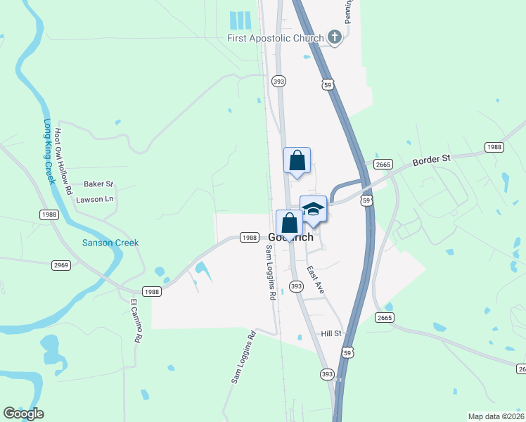 map of restaurants, bars, coffee shops, grocery stores, and more near 197 Sam Loggins Road in Goodrich