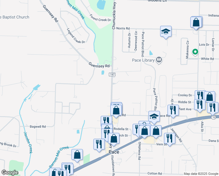map of restaurants, bars, coffee shops, grocery stores, and more near 4663-4697 Chumuckla Highway in Pace