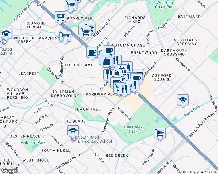 map of restaurants, bars, coffee shops, grocery stores, and more near 2418 Texas Avenue in College Station