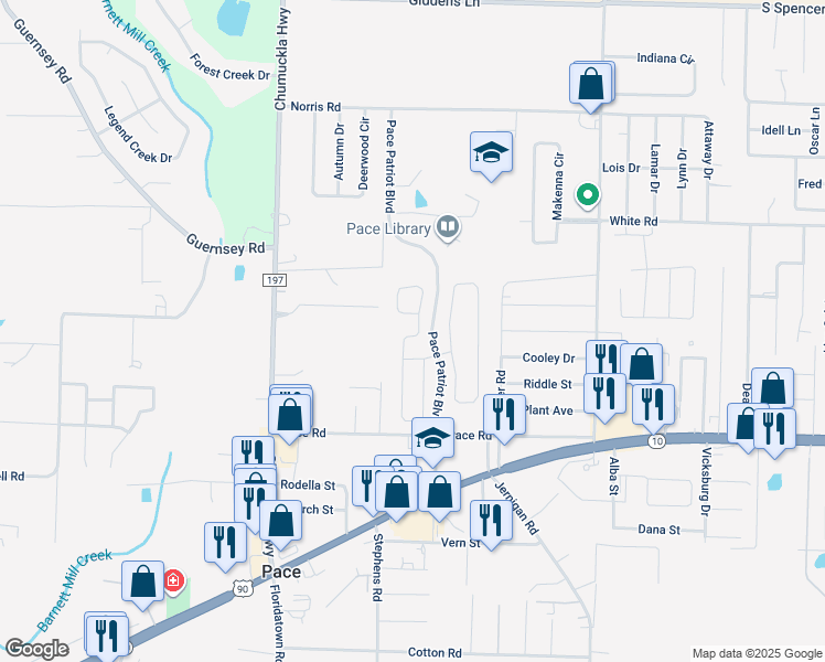 map of restaurants, bars, coffee shops, grocery stores, and more near 4697 Hilarita Circle in Pace
