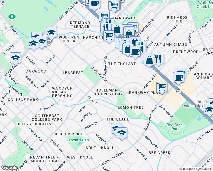 map of restaurants, bars, coffee shops, grocery stores, and more near 1416 Antone Court in College Station