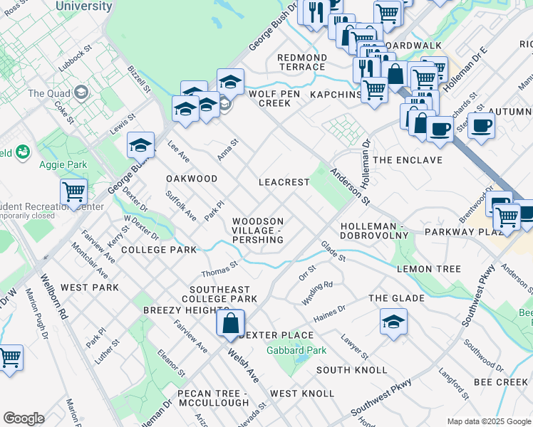 map of restaurants, bars, coffee shops, grocery stores, and more near 1107 Village Drive in College Station