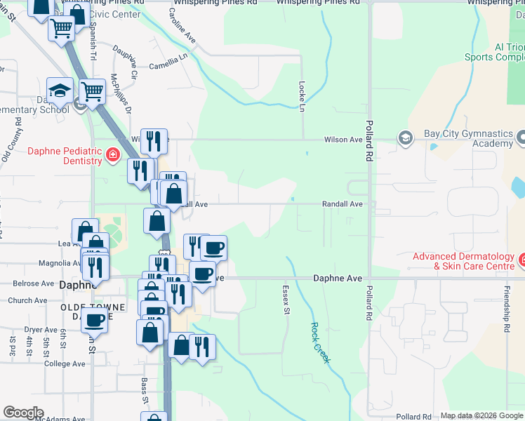 map of restaurants, bars, coffee shops, grocery stores, and more near 1210 Randall Avenue in Daphne