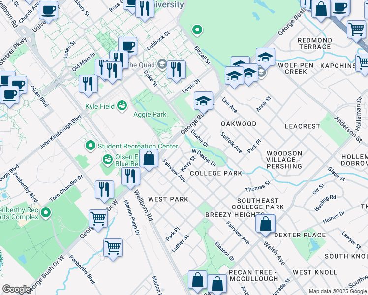 map of restaurants, bars, coffee shops, grocery stores, and more near 600 Old Jersey Street in College Station