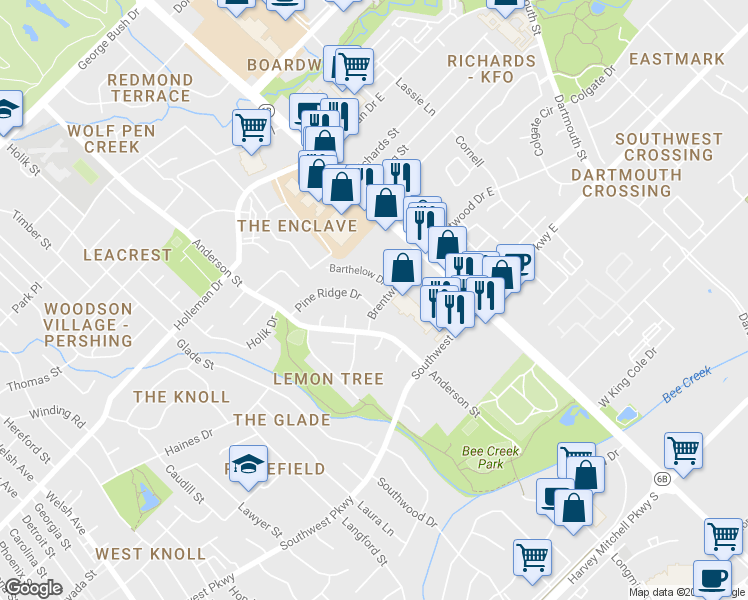 map of restaurants, bars, coffee shops, grocery stores, and more near 1537 Pine Ridge Drive in College Station