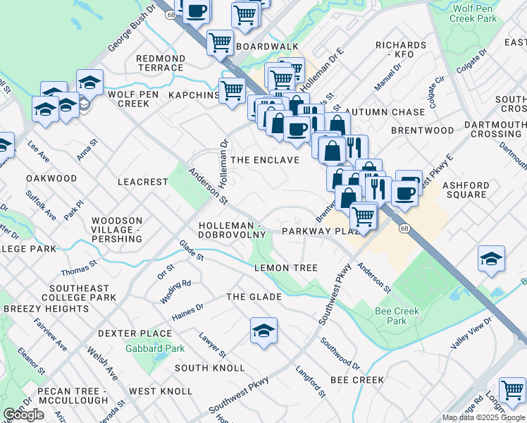 map of restaurants, bars, coffee shops, grocery stores, and more near 1508 Pine Ridge Drive in College Station