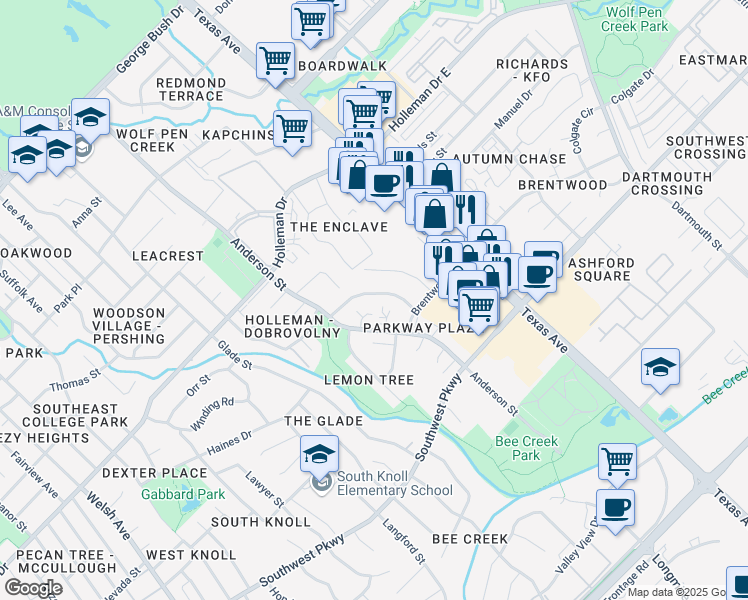 map of restaurants, bars, coffee shops, grocery stores, and more near 1516 Pine Ridge Drive in College Station