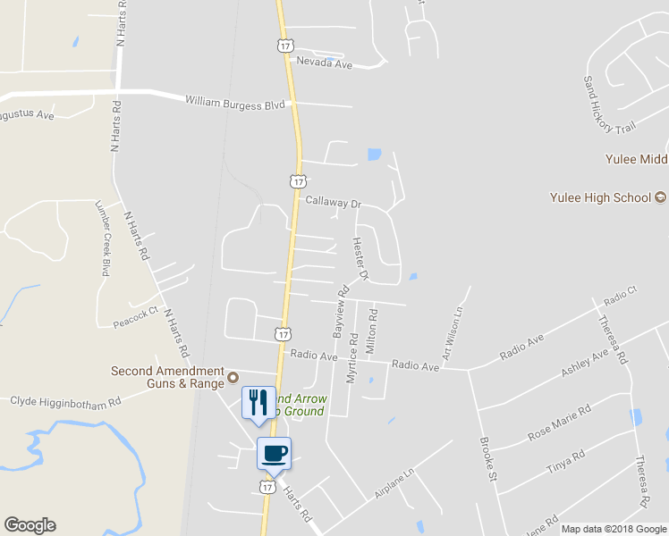 map of restaurants, bars, coffee shops, grocery stores, and more near 36 Kyle Frasier Road in Yulee