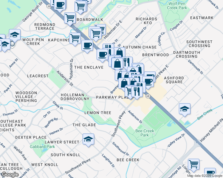 map of restaurants, bars, coffee shops, grocery stores, and more near 1537 Pine Ridge Drive in College Station