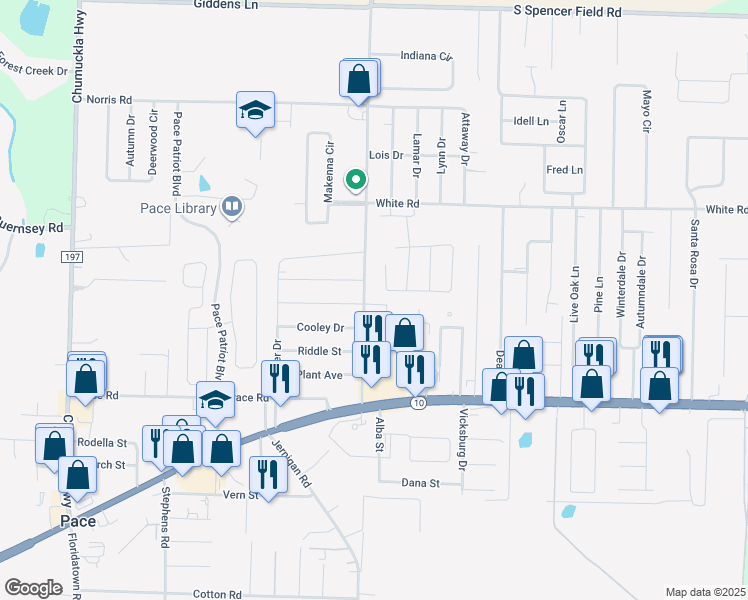 map of restaurants, bars, coffee shops, grocery stores, and more near 4700 West Spencer Field Road in Pace