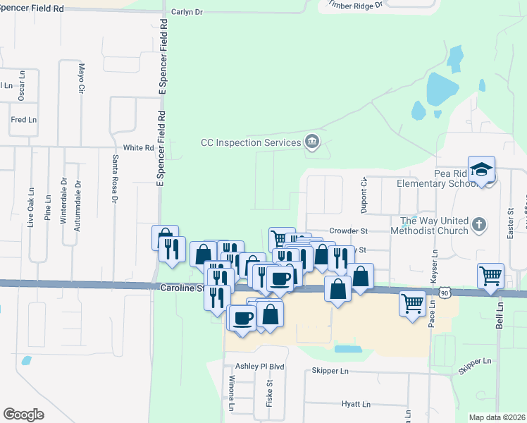 map of restaurants, bars, coffee shops, grocery stores, and more near 4686 Boone Road in Pace