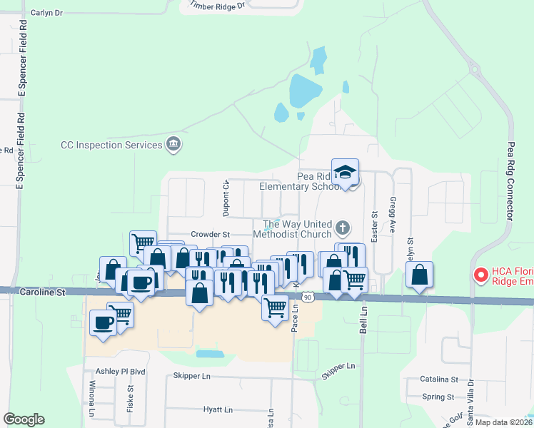 map of restaurants, bars, coffee shops, grocery stores, and more near 4718 Haggerty Lane in Pace