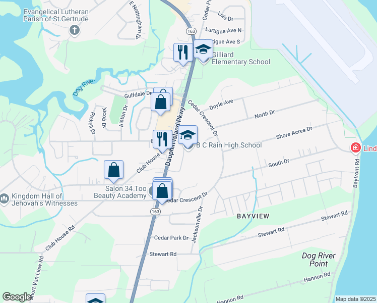 map of restaurants, bars, coffee shops, grocery stores, and more near 3125 Dauphin Island Parkway in Mobile
