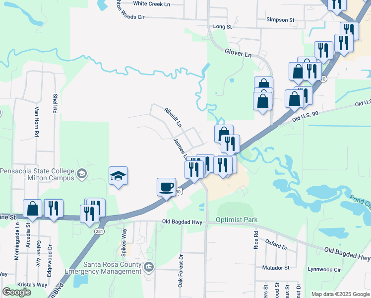 map of restaurants, bars, coffee shops, grocery stores, and more near 4750 Jaimee Leigh Drive in Milton