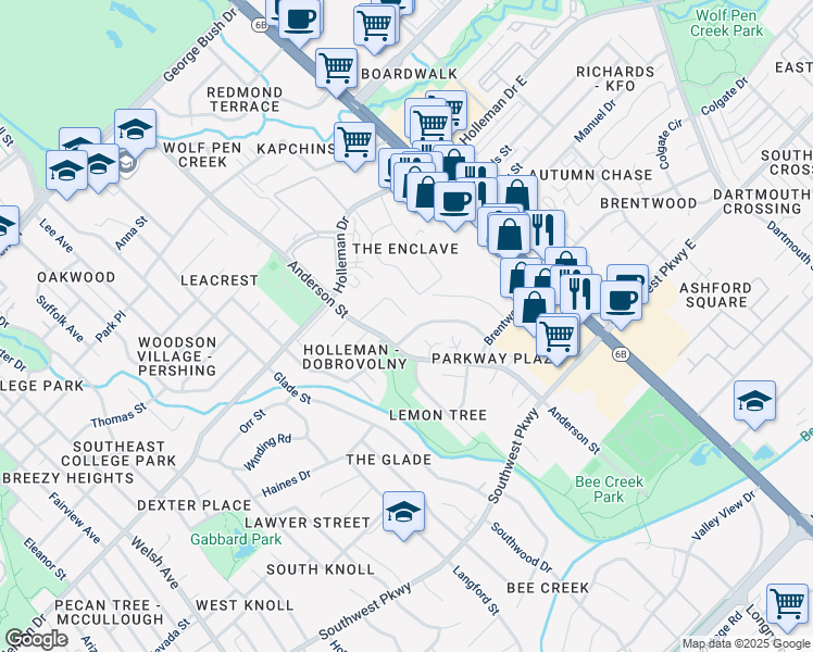 map of restaurants, bars, coffee shops, grocery stores, and more near 1508 Pine Ridge Drive in College Station